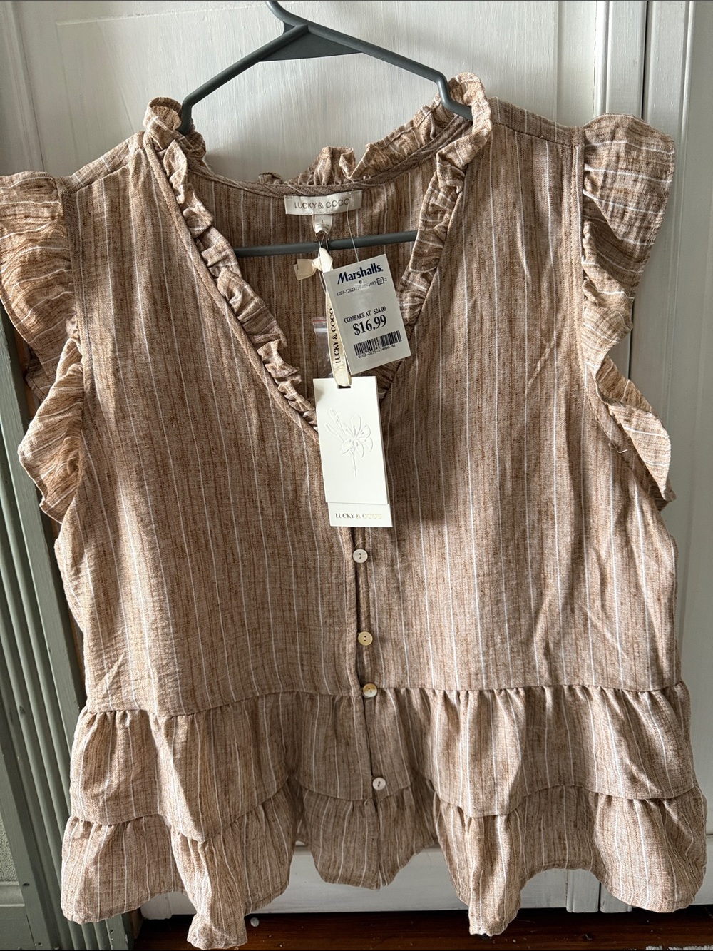 Women's Beige Striped Ruffle Sleeve Button-Front Top